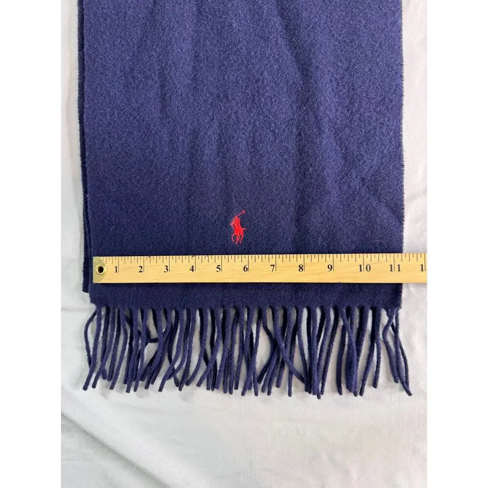 Polo Ralph Lauren Scarf Navy 100% Lambswool Fringe Italy Red Pony Logo Unisex